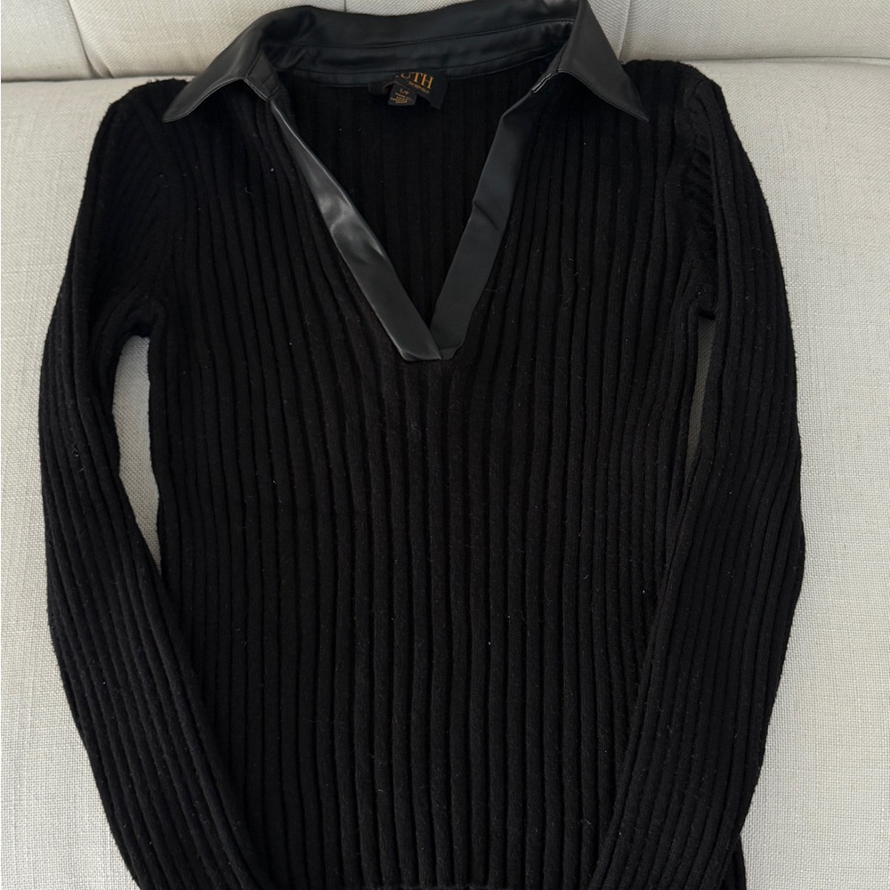 Smith Black Ribbed Sweater with Leather Trim
